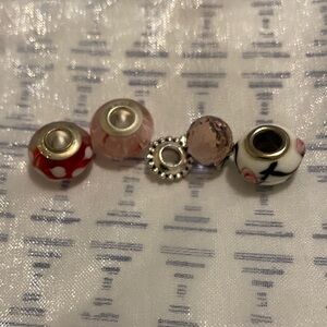 4 Silver Glass Bead Charms-3 Glass bead charms/butterfly pink crystal dangleball